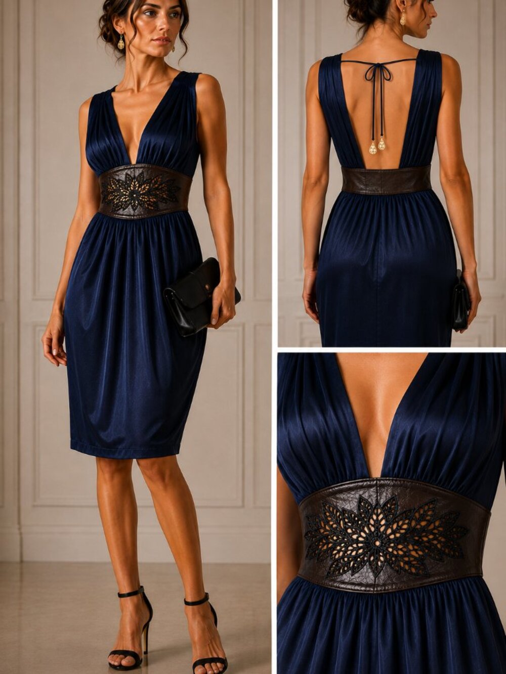 Ingwa Melero Silk Leather Cutout Embroidered Dress in Navy
